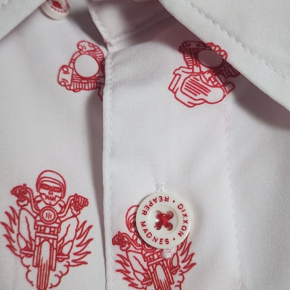 Dixxon Shirt Mens XL White Red Reaper Madness D-Lite Button Up Motorcycle Print - Picture 4 of 11